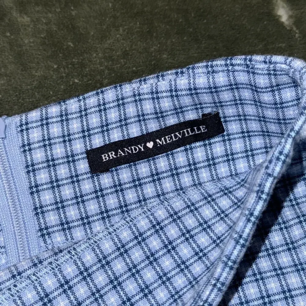 Brandy Melville‎ Mini Skirt Womens S Blue White Plaid Stretch Back Zipper Summer